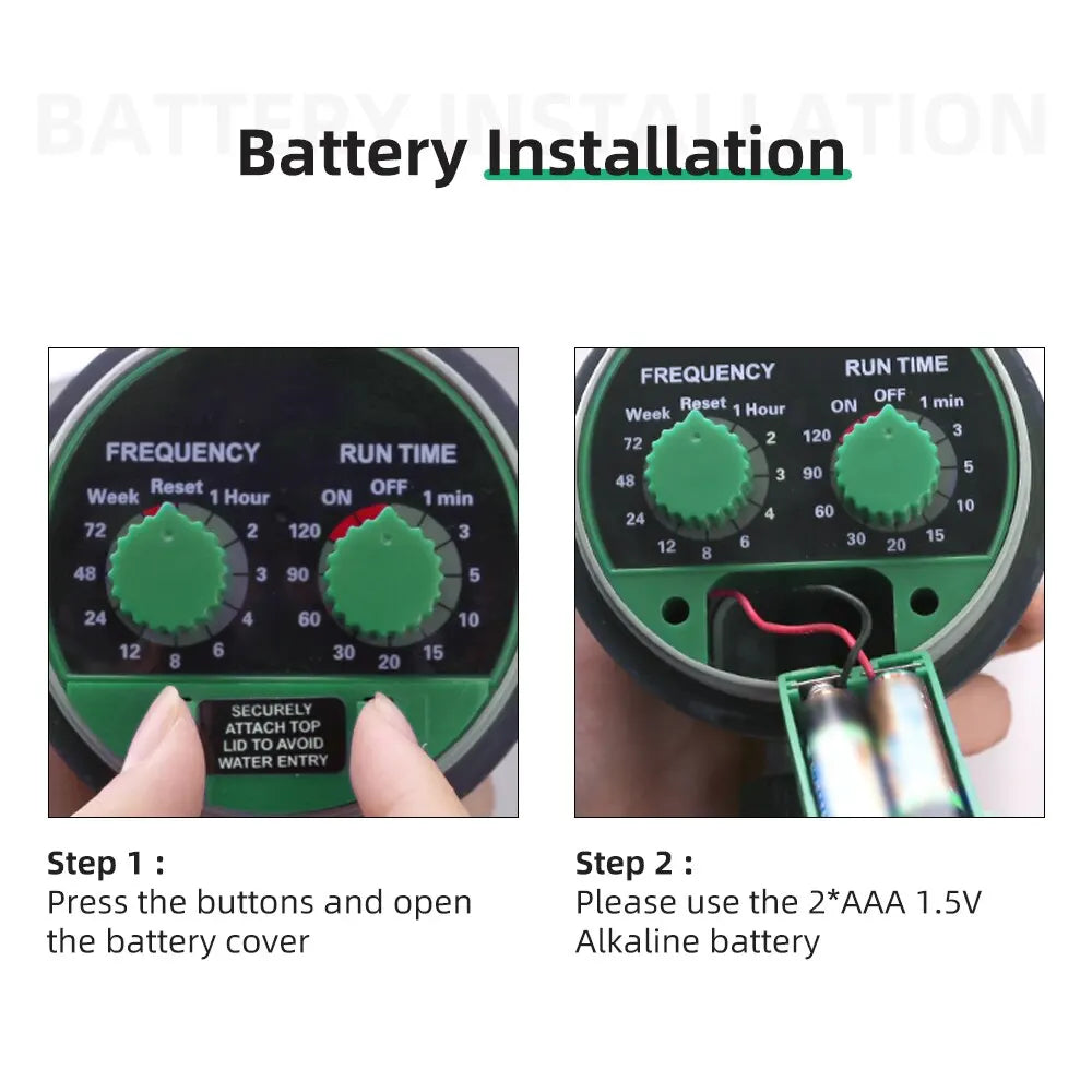 Water Timer showing battery installation